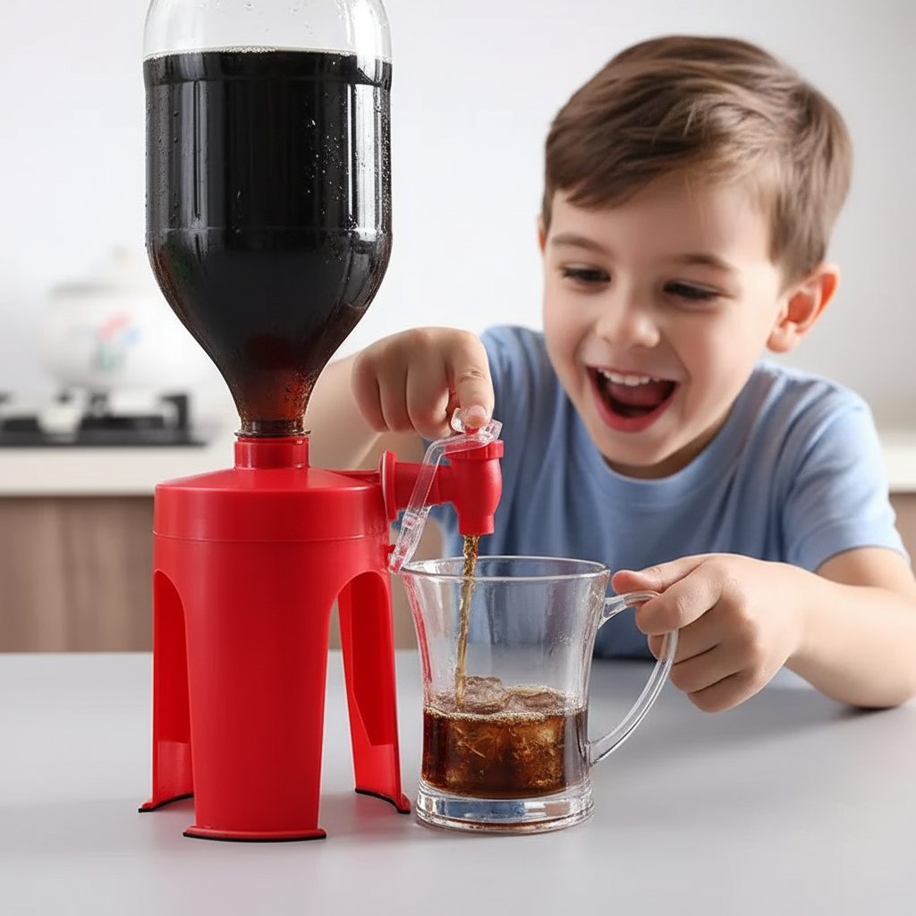 Vrolijk kind gebruikt frisdrank dispenser